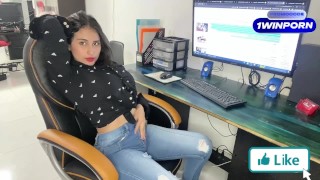 Horny secretary sucks and fucks boss's cock until she cums in mouth - Caught masturbating