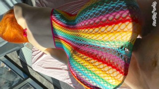 Red-haired bitch with perfect forms sharply rides a big cock and jerks cock with her skinny arms!