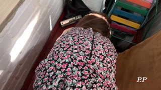 Caught masturbating on the balcony, then fucked and cum in her mouth